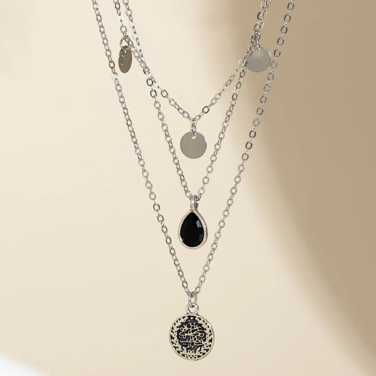 Elegant Layered Round Disk Tassel Waterdrop Pendant Chain Necklace Set