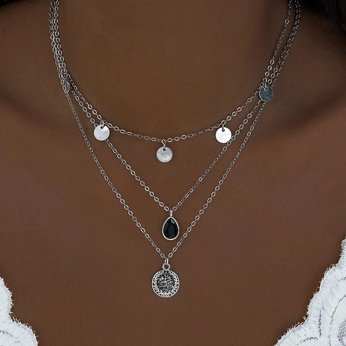 Elegant Layered Round Disk Tassel Waterdrop Pendant Chain Necklace Set