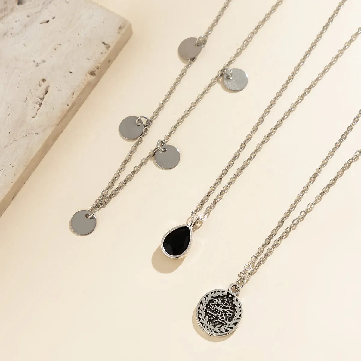 Elegant Layered Round Disk Tassel Waterdrop Pendant Chain Necklace Set