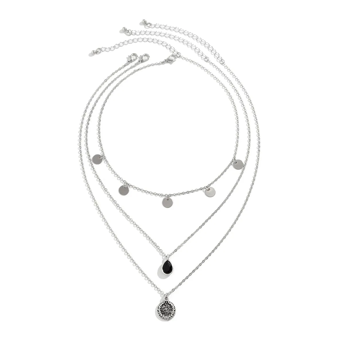 Elegant Layered Round Disk Tassel Waterdrop Pendant Chain Necklace Set