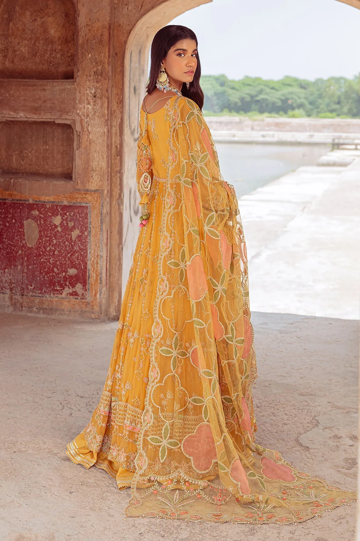 Elegant Mustard Floral Embellished Pakistani Wedding Dress in Frock Style