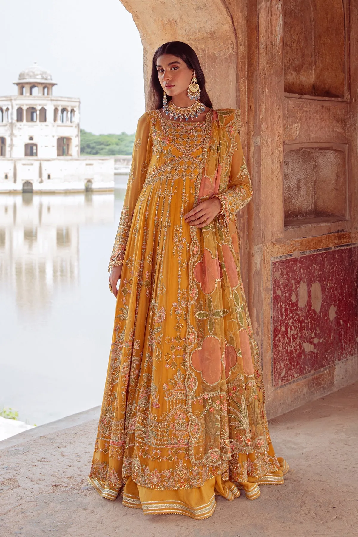 Elegant Mustard Floral Embellished Pakistani Wedding Dress in Frock Style
