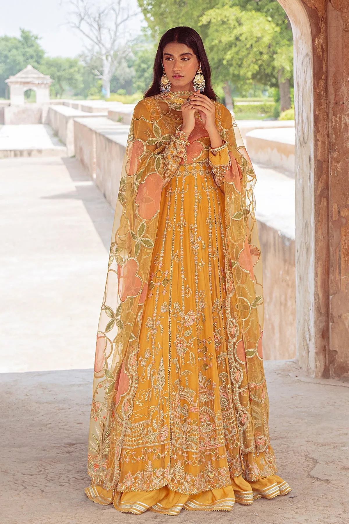 Elegant Mustard Floral Embellished Pakistani Wedding Dress in Frock Style