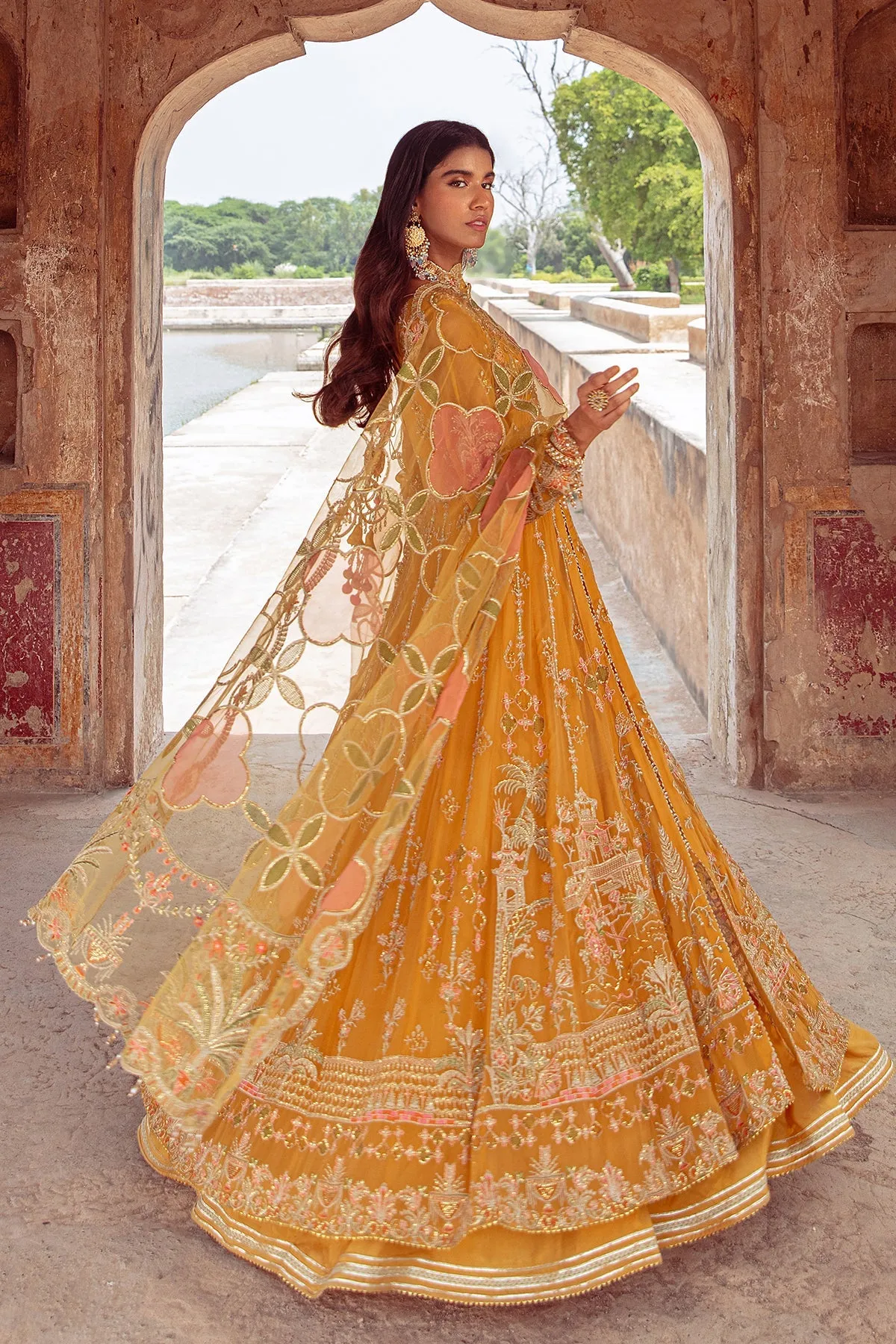 Elegant Mustard Floral Embellished Pakistani Wedding Dress in Frock Style