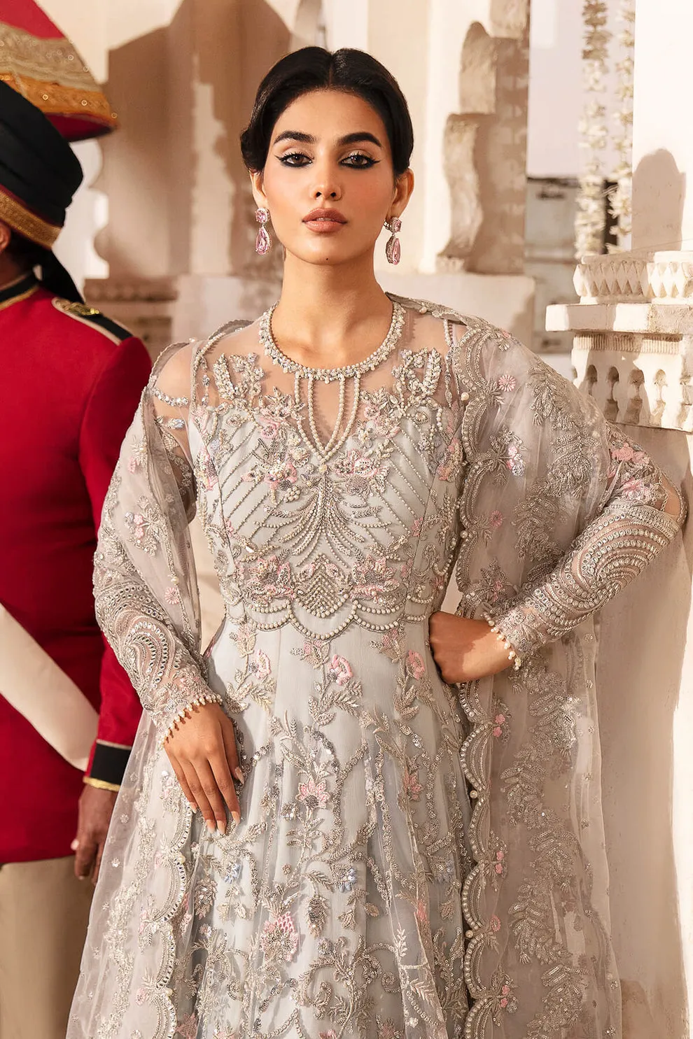 Elegant Pakistani Party Dress Sky Blue in Embroidered Pishwas Style