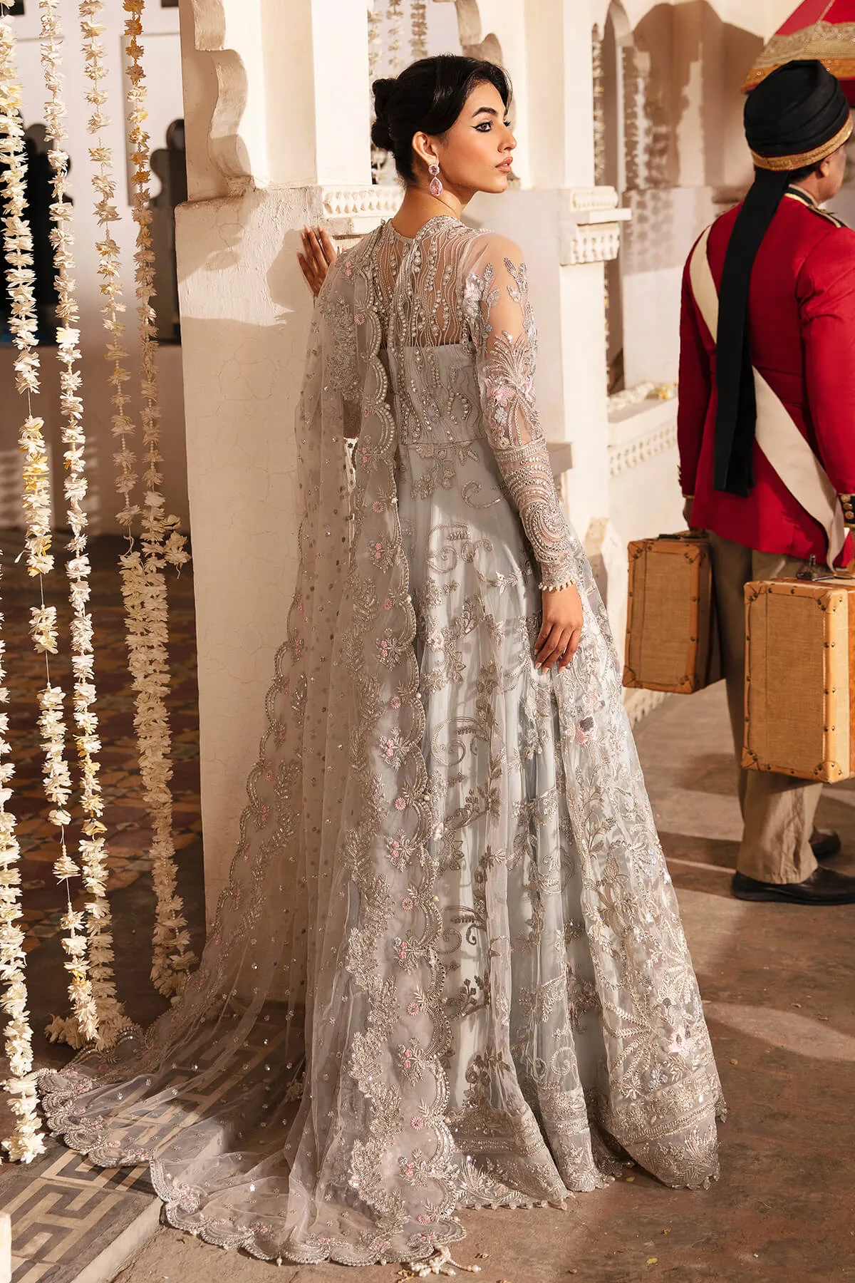 Elegant Pakistani Party Dress Sky Blue in Embroidered Pishwas Style