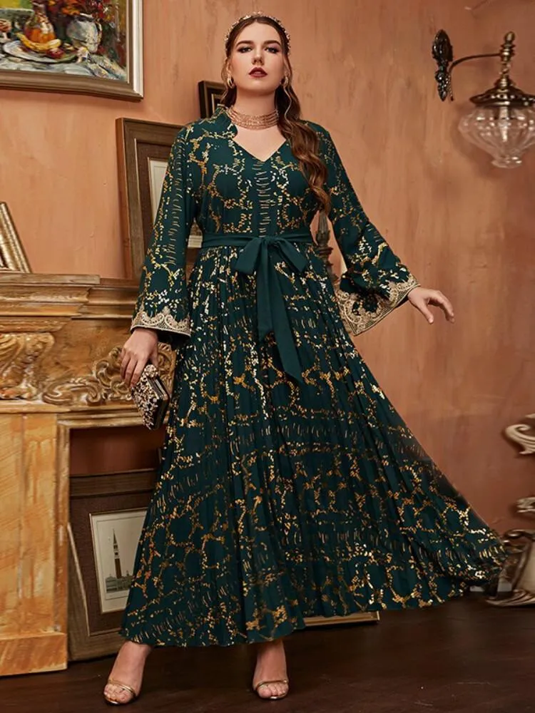 Elegant Plus Size Gold Print V-neck Lace Evening Dress