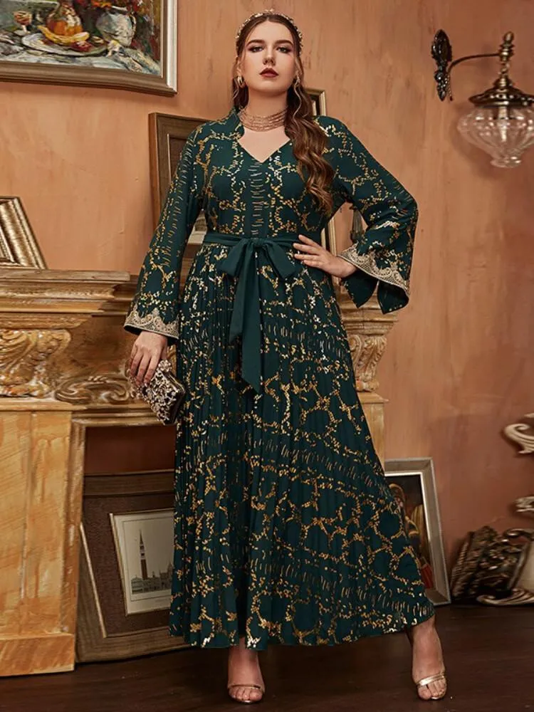Elegant Plus Size Gold Print V-neck Lace Evening Dress