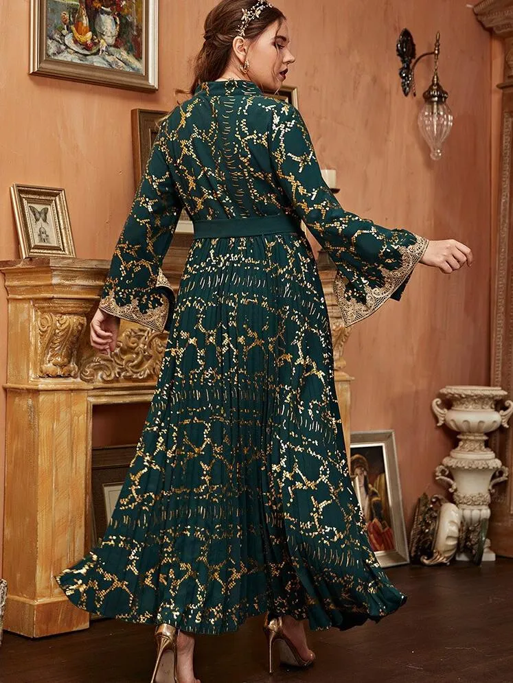 Elegant Plus Size Gold Print V-neck Lace Evening Dress
