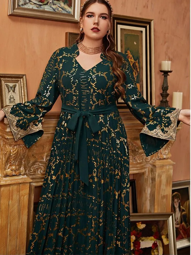 Elegant Plus Size Gold Print V-neck Lace Evening Dress