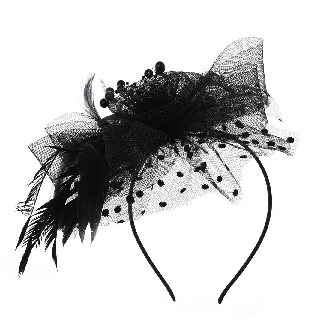 Elegant Silk Flower Feather Dot Net Fascinator Hat