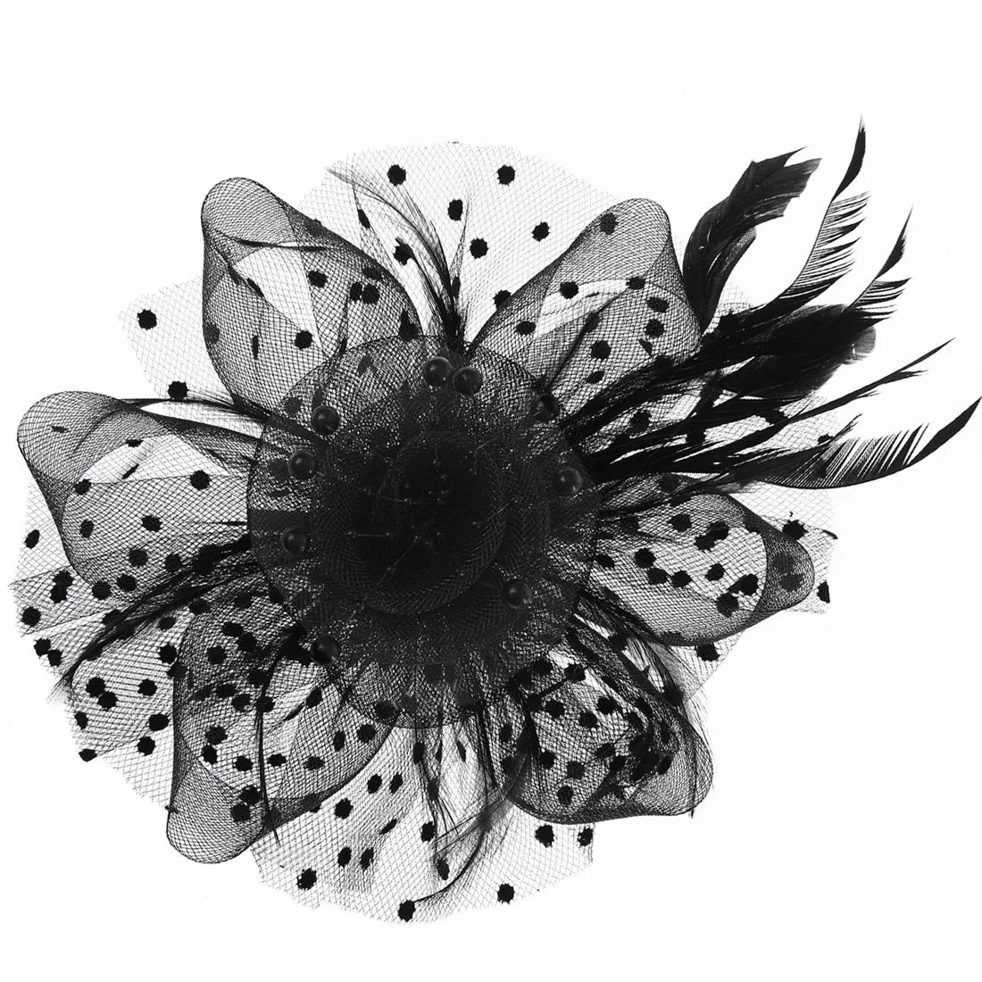 Elegant Silk Flower Feather Dot Net Fascinator Hat