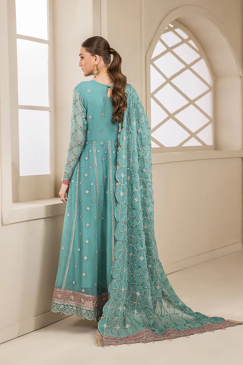 Elegant Sky Blue Embroidered Pakistani Long Frock Party Dress