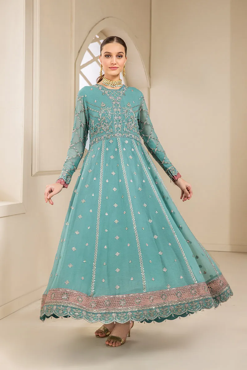 Elegant Sky Blue Embroidered Pakistani Long Frock Party Dress