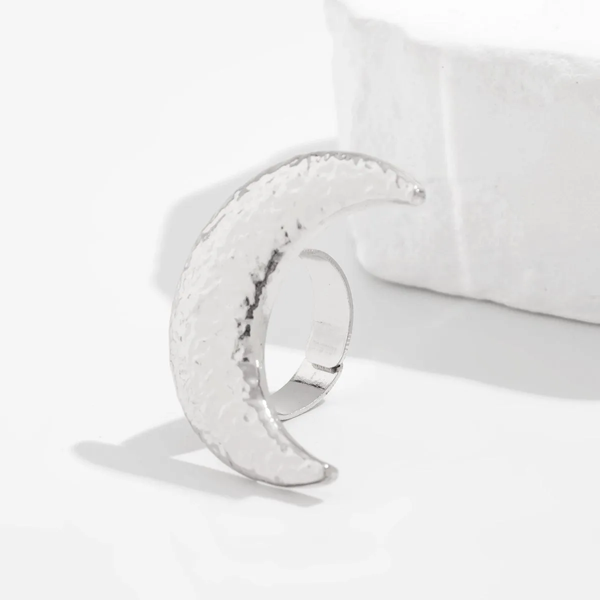 Elegant Textured Moon Open Ring