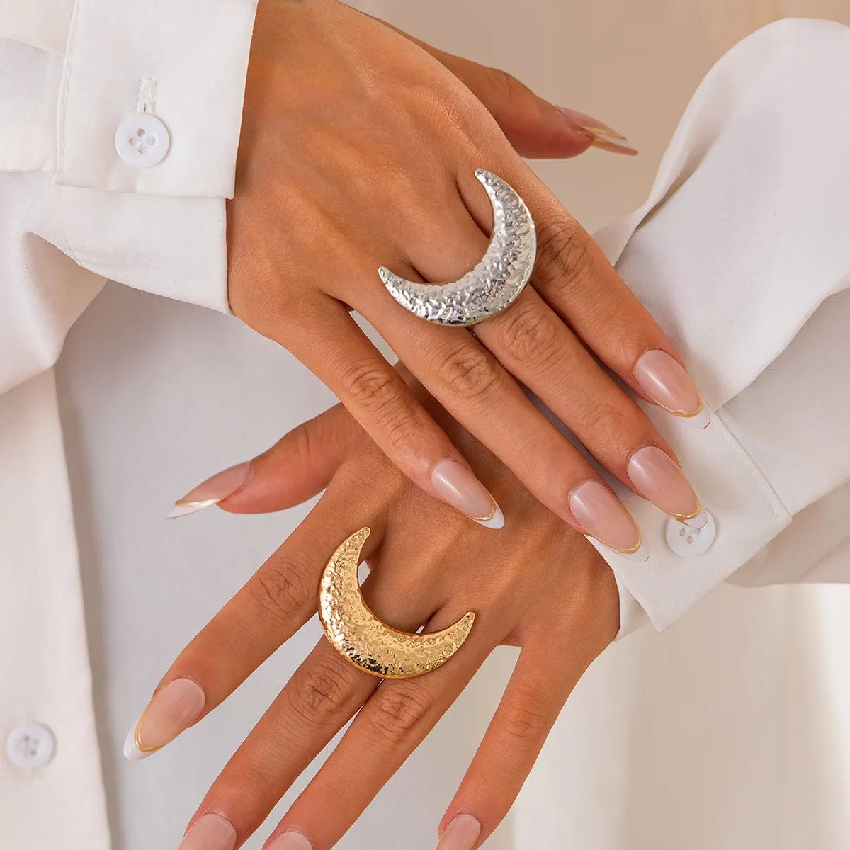 Elegant Textured Moon Open Ring