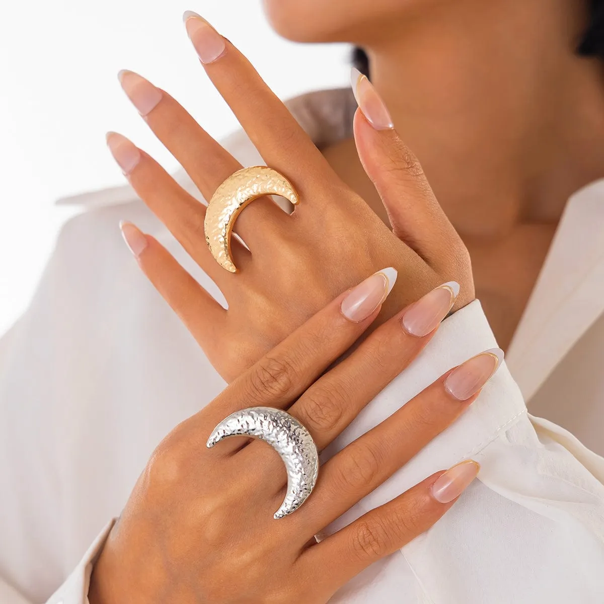 Elegant Textured Moon Open Ring