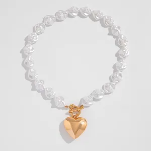 Elegant Toggle Clasp Heart Pendant Irregular Pearl Chain Necklace Bracelet