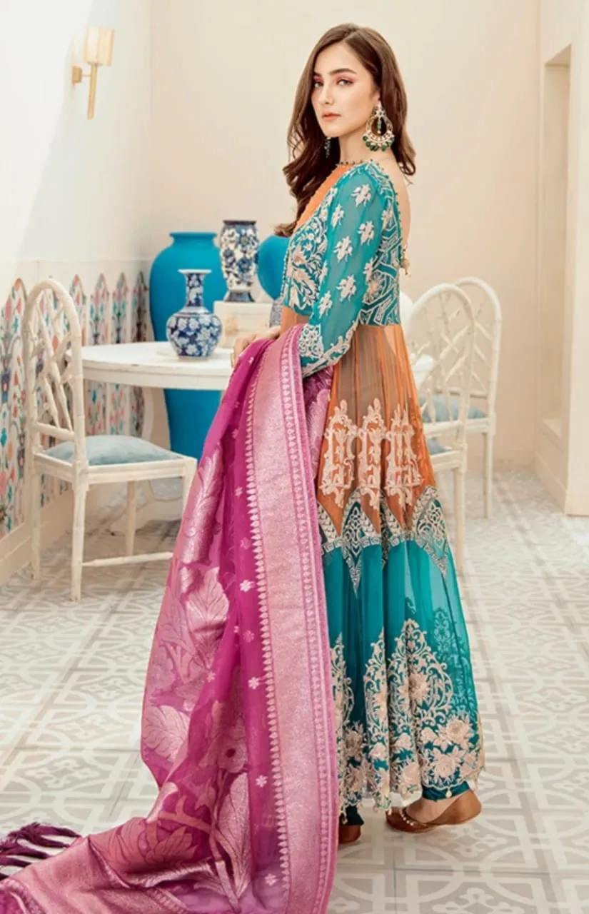 Embroidered Chiffon Party Frock in Sea Green Color #Y2076