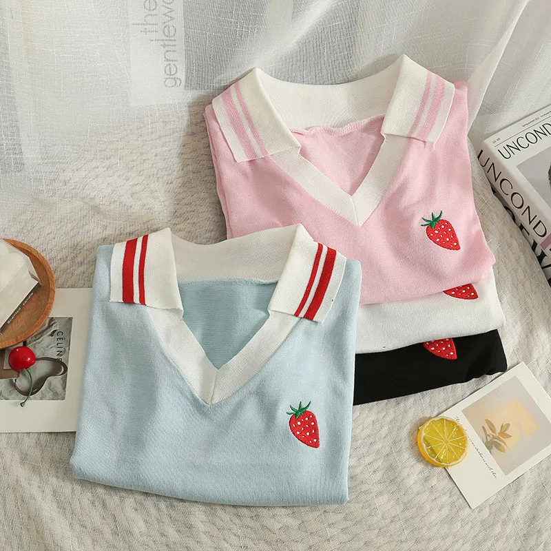 Embroidered Strawberry Lapel Short Sleeve T-Shirt UB6303