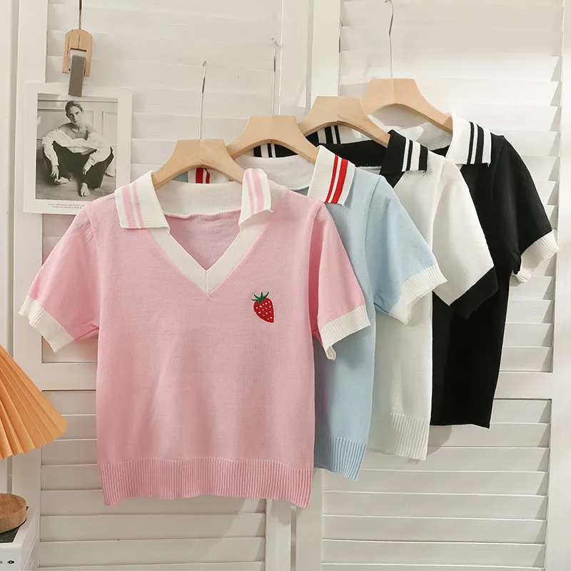 Embroidered Strawberry Lapel Short Sleeve T-Shirt UB6303