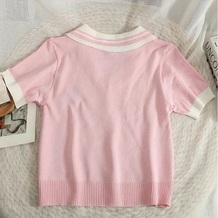 Embroidered Strawberry Lapel Short Sleeve T-Shirt UB6303