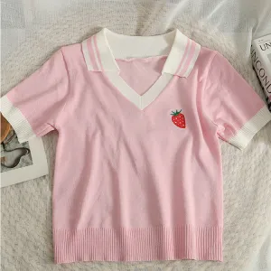 Embroidered Strawberry Lapel Short Sleeve T-Shirt UB6303