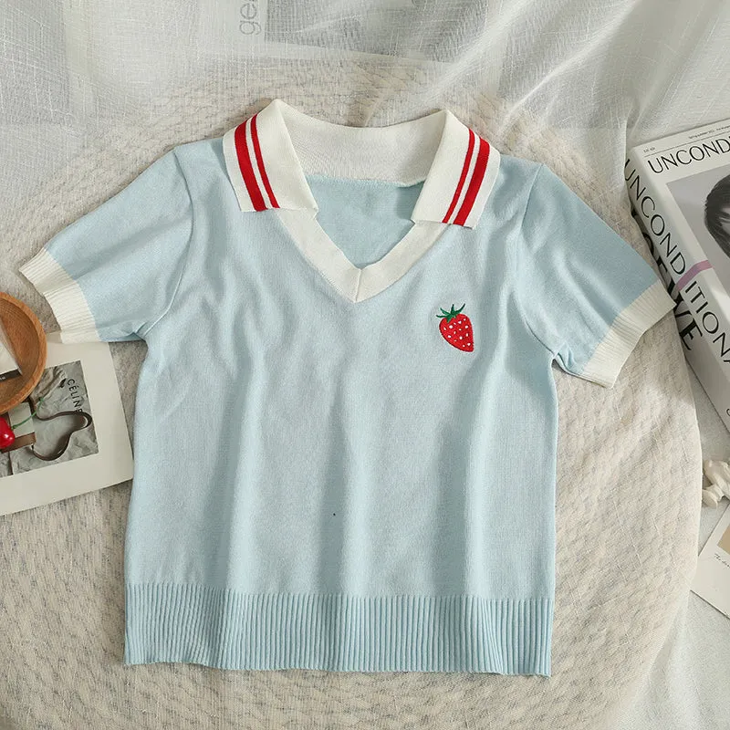 Embroidered Strawberry Lapel Short Sleeve T-Shirt UB6303