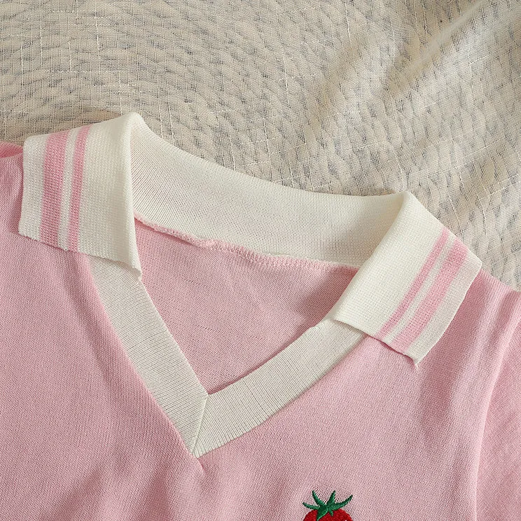 Embroidered Strawberry Lapel Short Sleeve T-Shirt UB6303