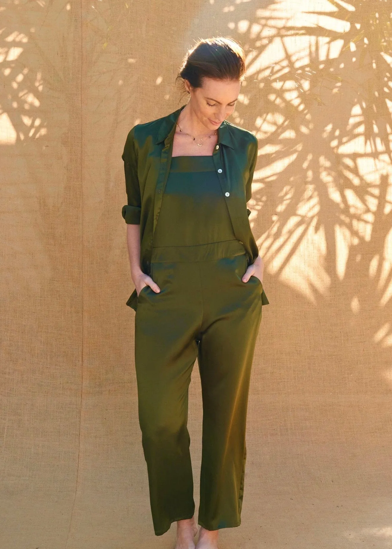 Essex Overalls in Olive Charmeuse Silk