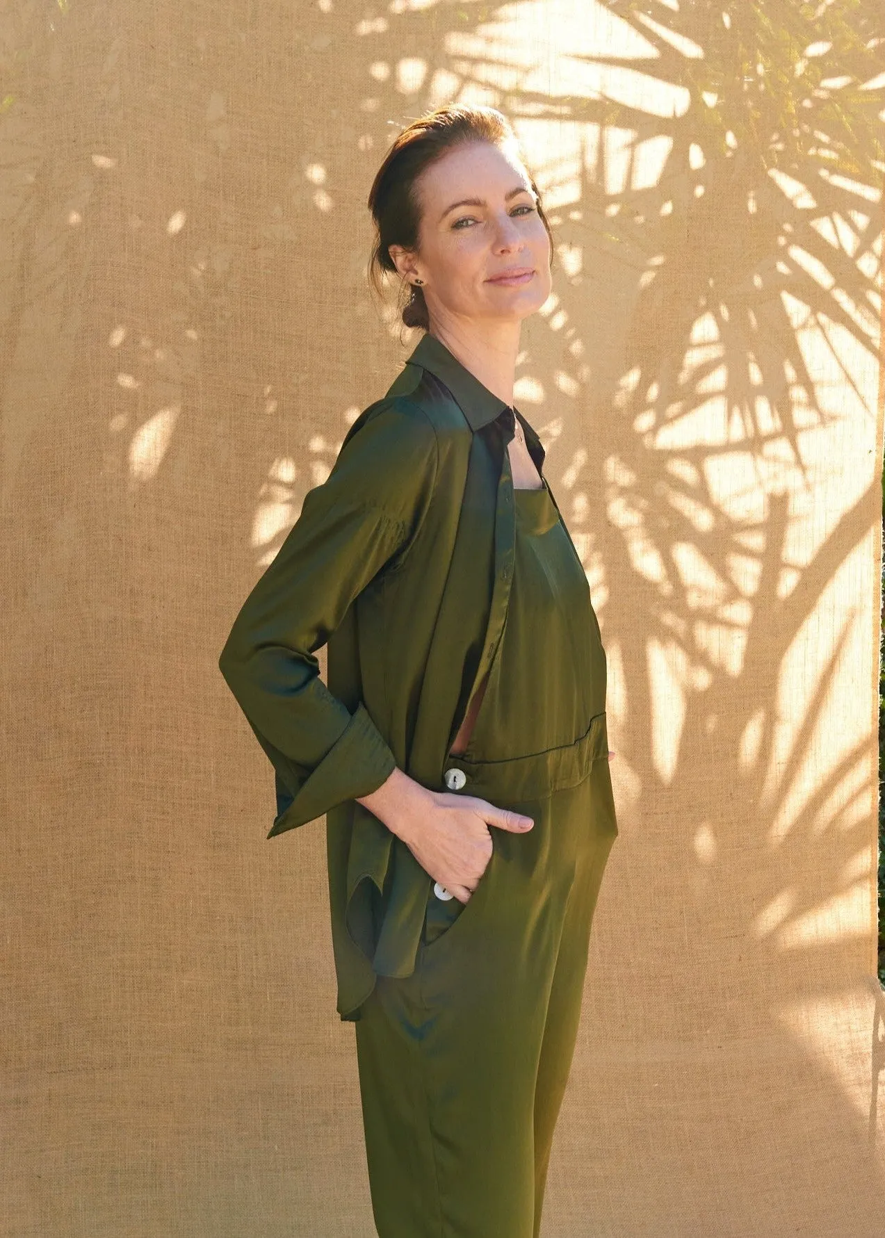 Essex Overalls in Olive Charmeuse Silk