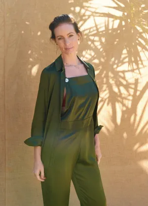 Essex Overalls in Olive Charmeuse Silk