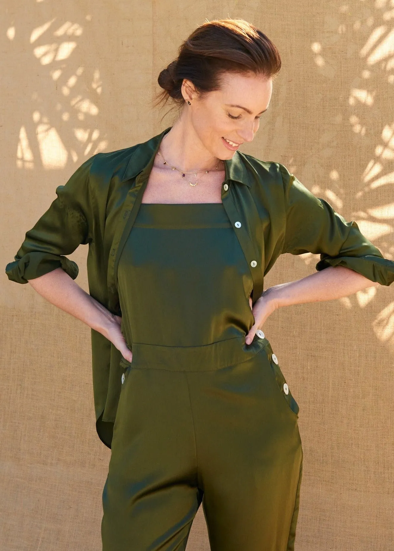 Essex Overalls in Olive Charmeuse Silk