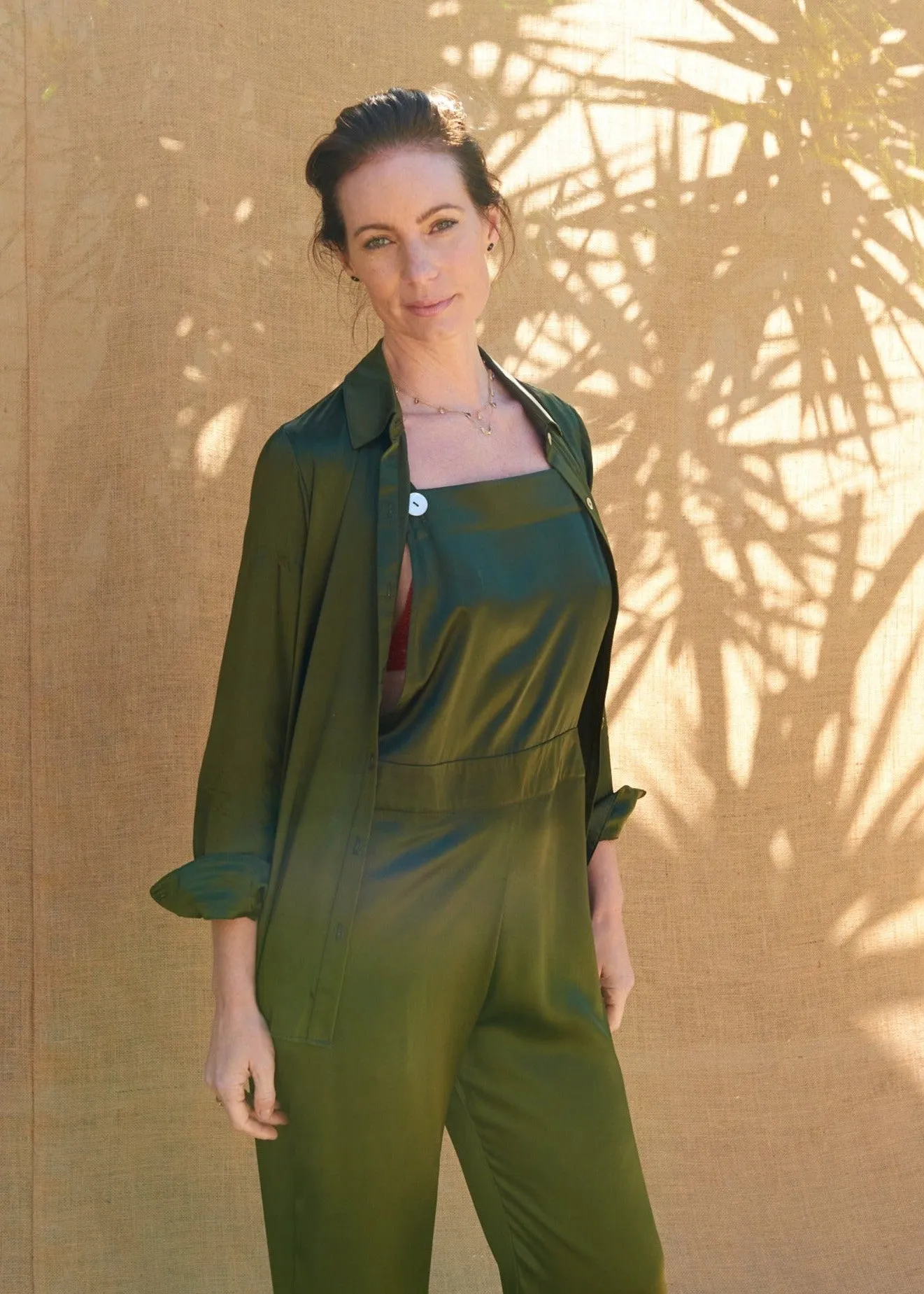 Essex Overalls in Olive Charmeuse Silk