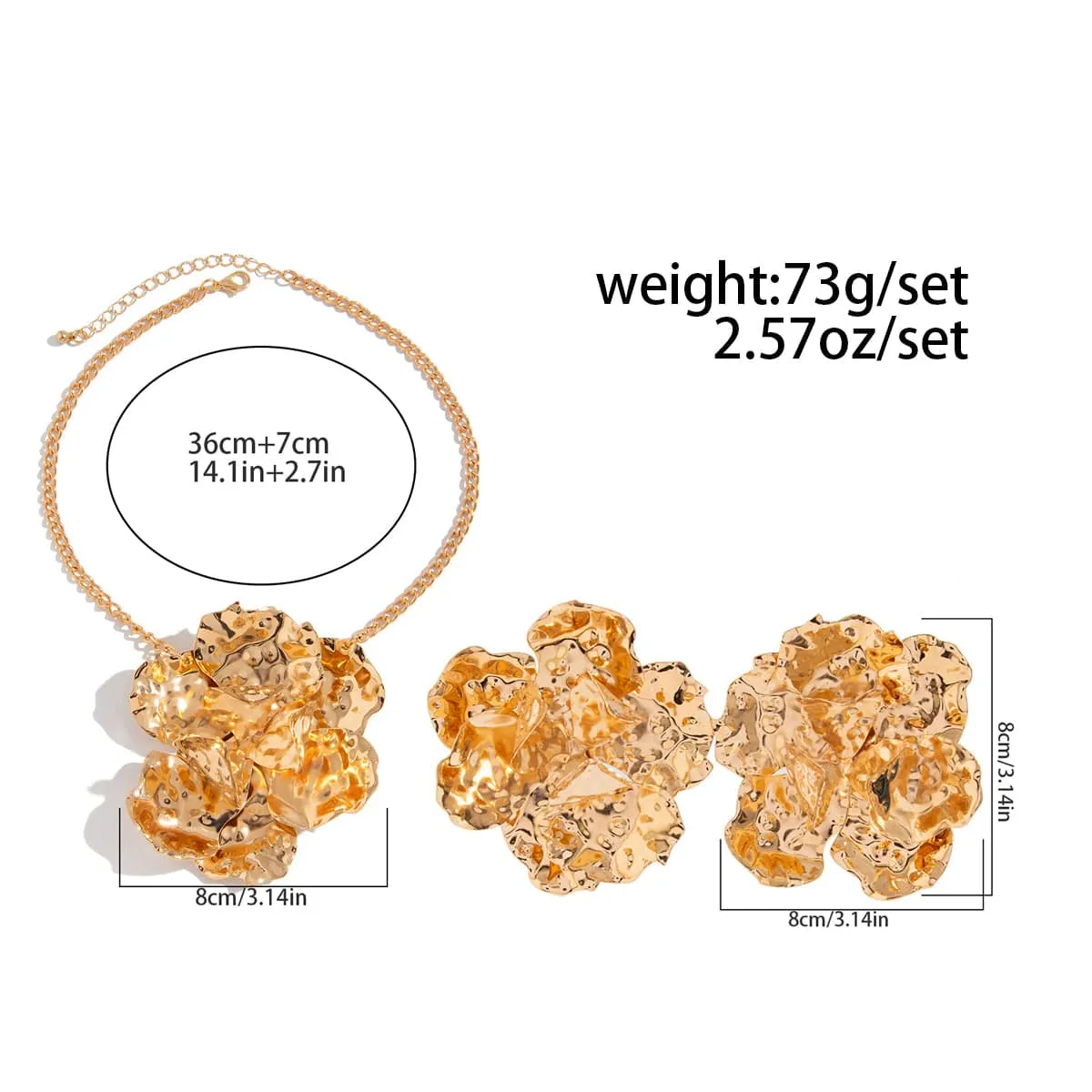 Exaggerated Abstract Metallic Flower Charm Necklace Earrings Set