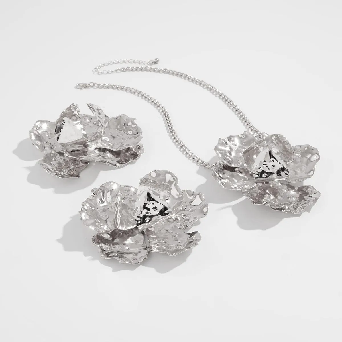 Exaggerated Abstract Metallic Flower Charm Necklace Earrings Set