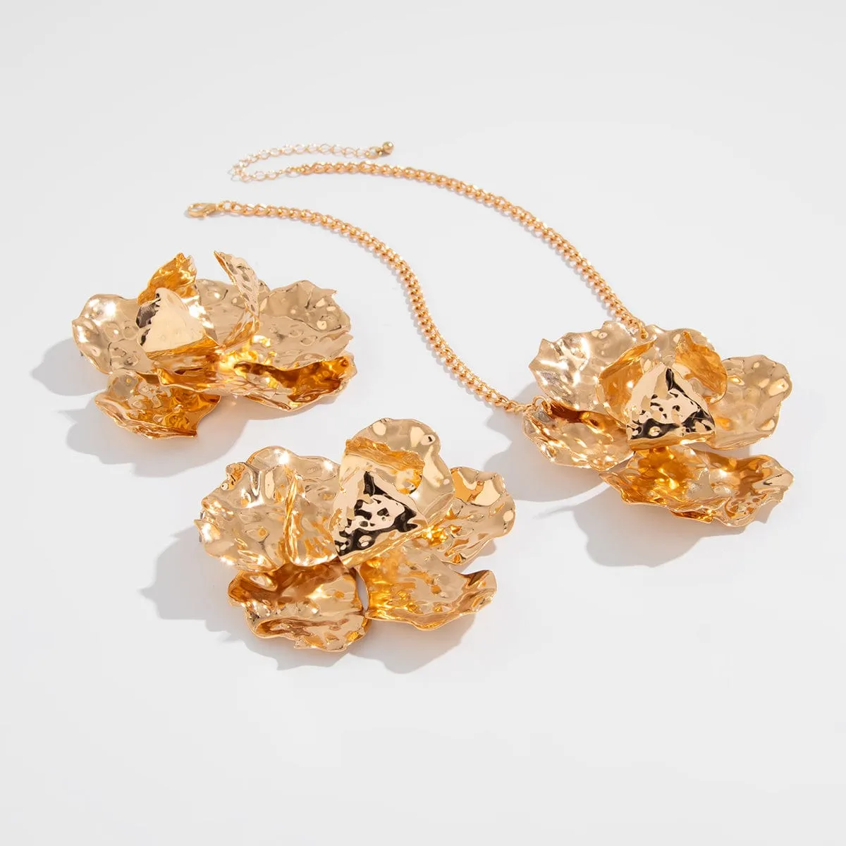 Exaggerated Abstract Metallic Flower Charm Necklace Earrings Set