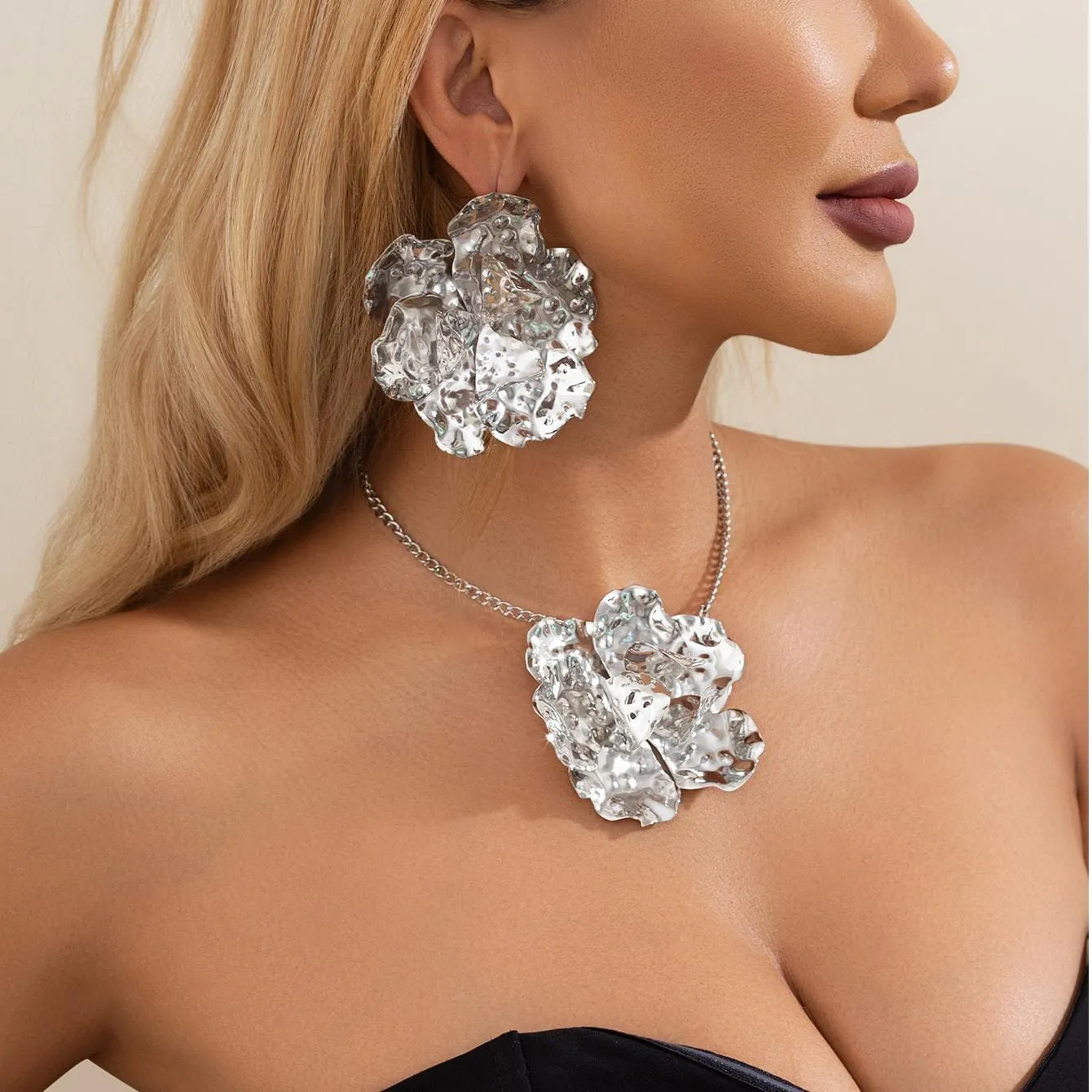 Exaggerated Abstract Metallic Flower Charm Necklace Earrings Set