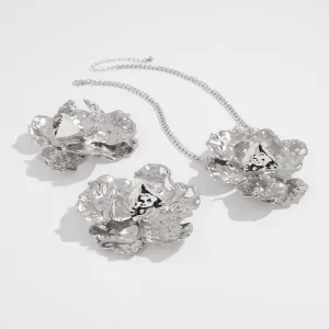 Exaggerated Abstract Metallic Flower Charm Necklace Earrings Set
