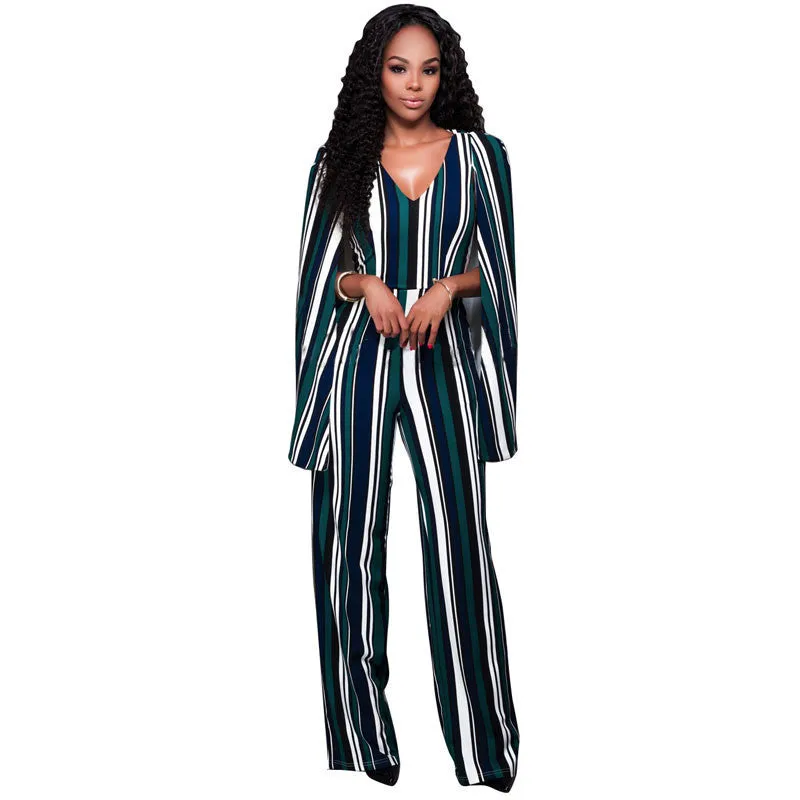Fashion V Neck One Piece Jumpsuit Sleeveless Backless Bodysuit Cloak Striped Romper Woman Overalls Elegant Playsuit