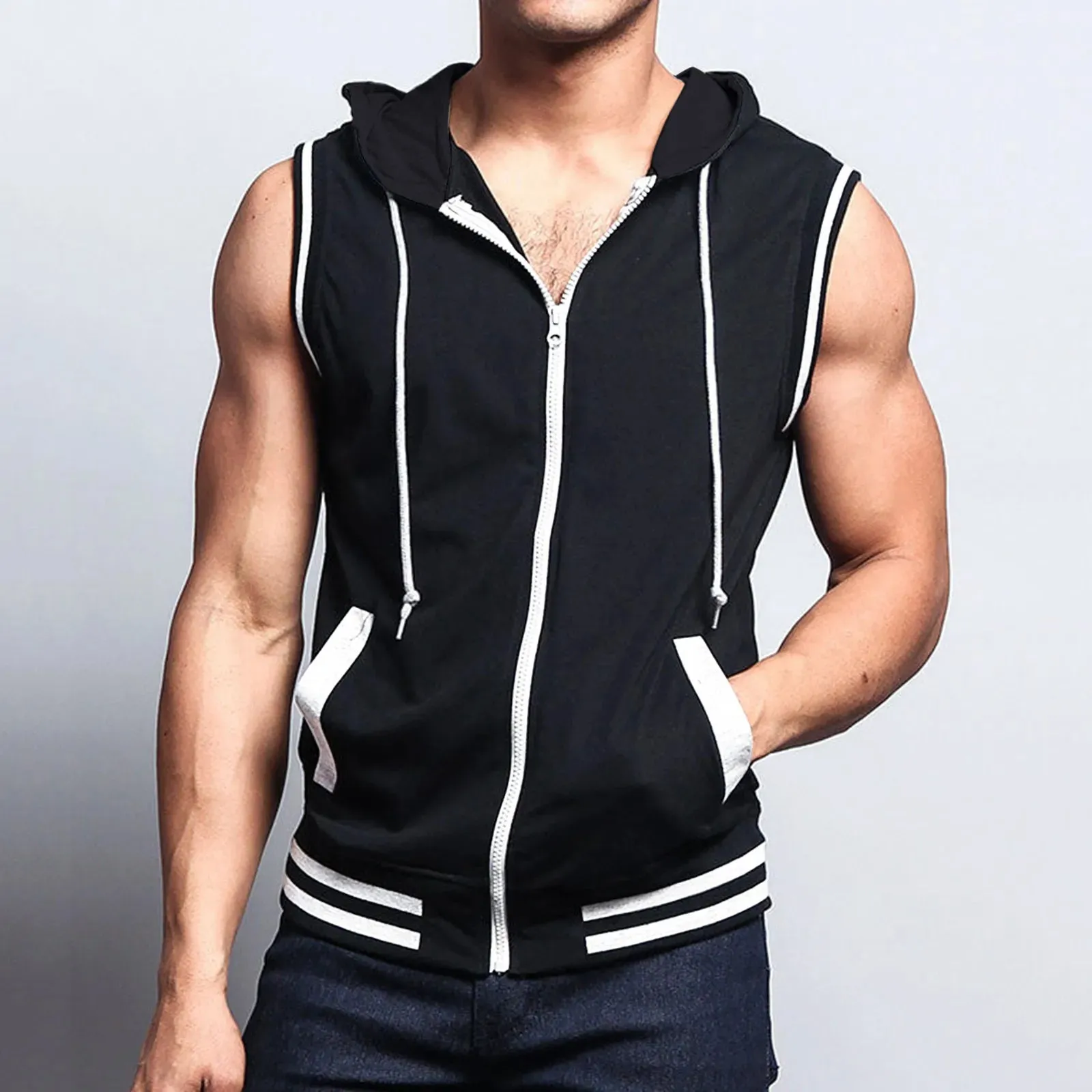 Fashion Zipper Hoodies Men Tank Tops Loose Casual Sleeveless Tops 2023 Summer Hood Pocket Tee Shirt Male Streetwear Tees Blusa