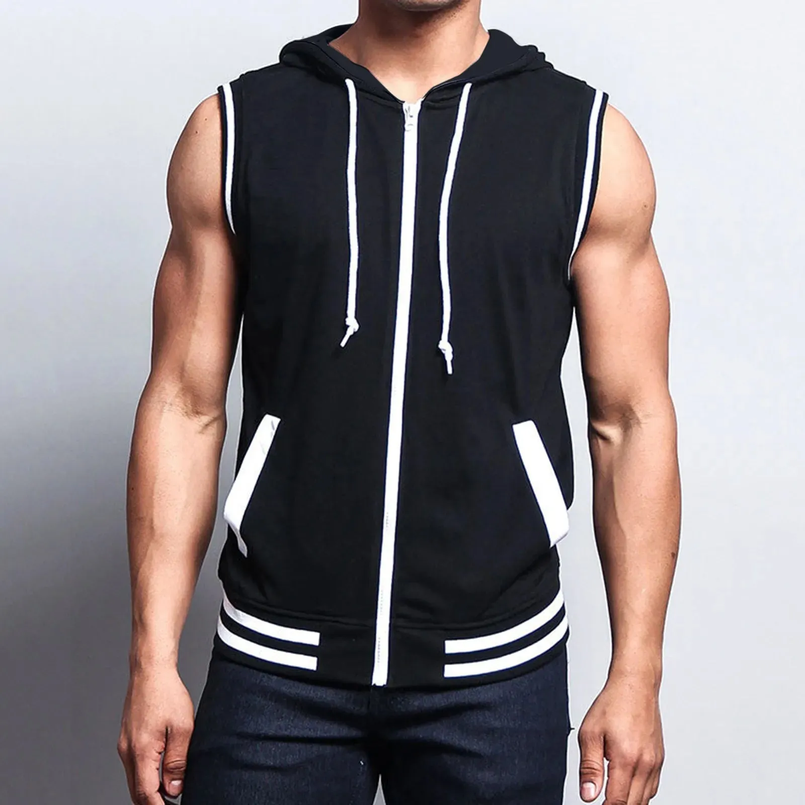 Fashion Zipper Hoodies Men Tank Tops Loose Casual Sleeveless Tops 2023 Summer Hood Pocket Tee Shirt Male Streetwear Tees Blusa