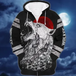 Fenrir Viking Nordic Tribe Wolf And Moon Tattoos 3D Print Shirts Round Neck Men Women