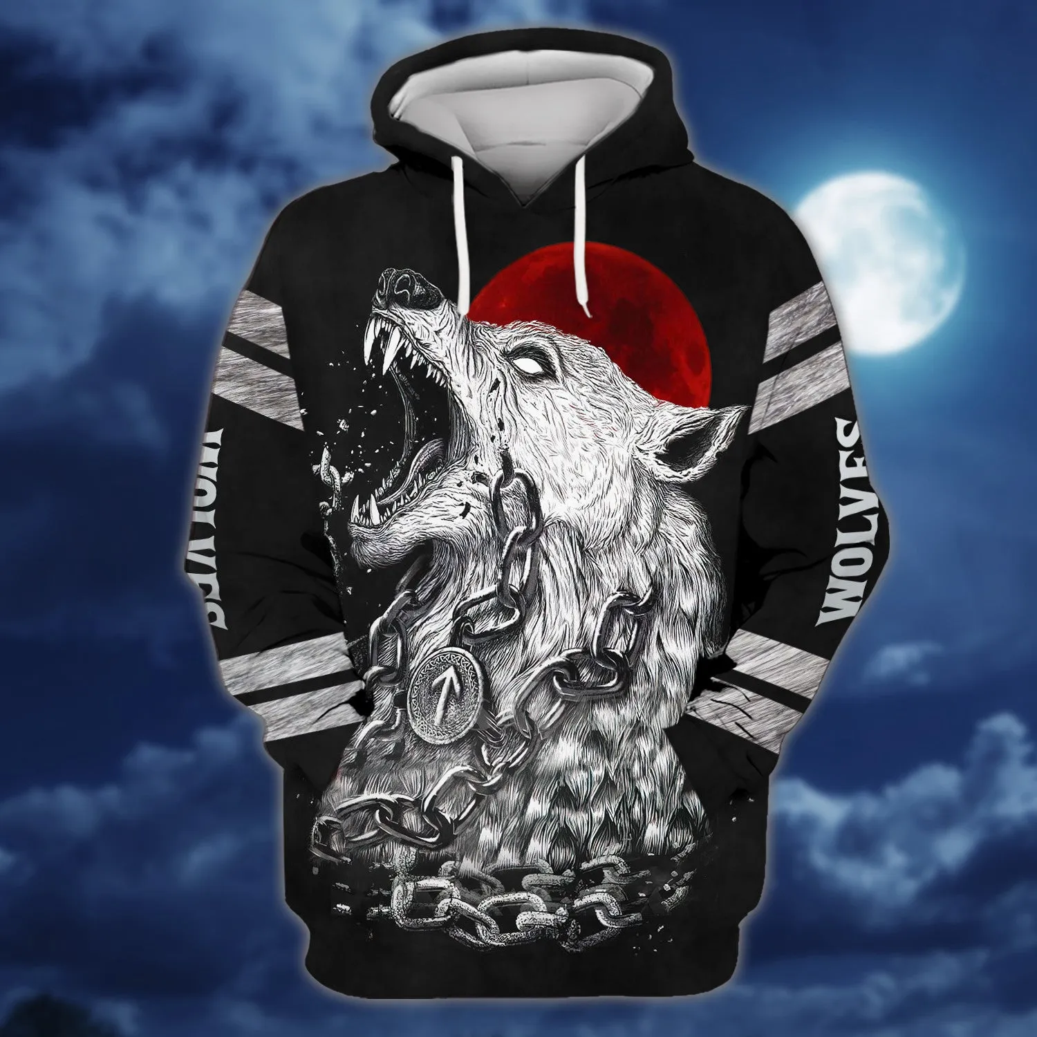 Fenrir Viking Nordic Tribe Wolf And Moon Tattoos 3D Print Shirts Round Neck Men Women