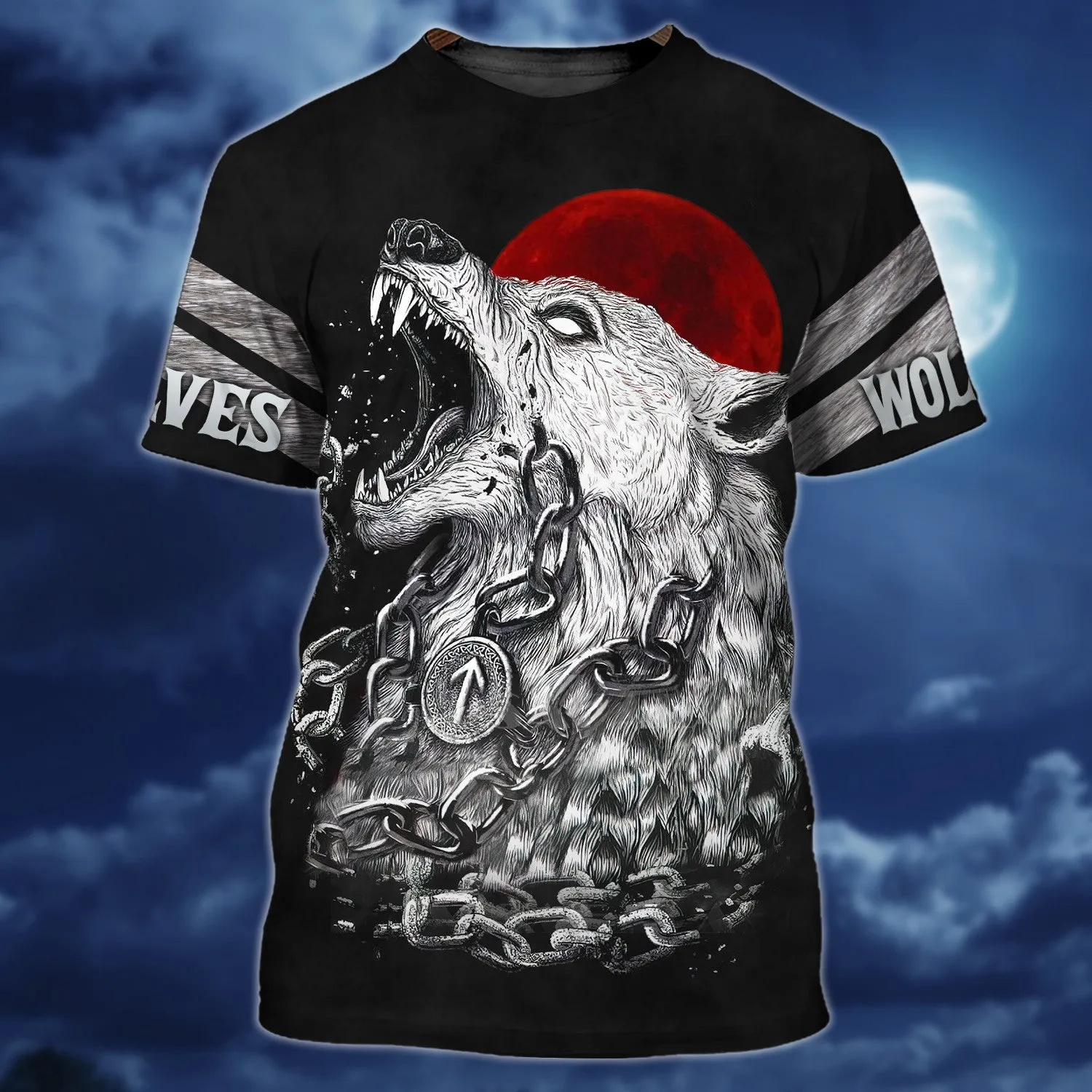 Fenrir Viking Nordic Tribe Wolf And Moon Tattoos 3D Print Shirts Round Neck Men Women