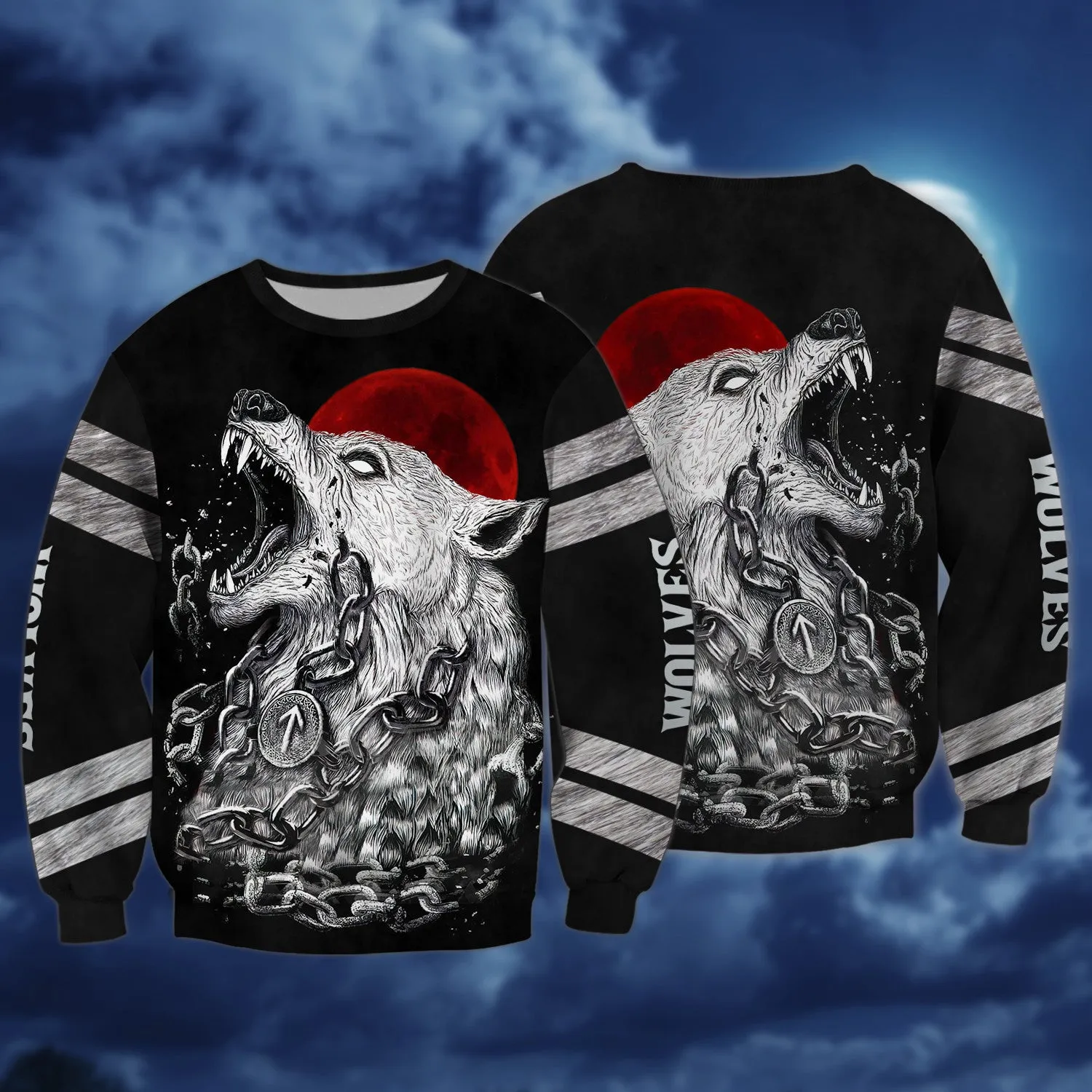 Fenrir Viking Nordic Tribe Wolf And Moon Tattoos 3D Print Shirts Round Neck Men Women