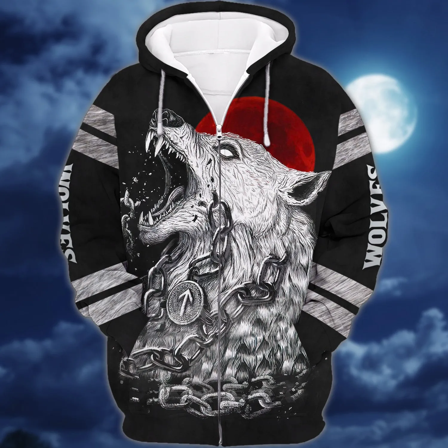 Fenrir Viking Nordic Tribe Wolf And Moon Tattoos 3D Print Shirts Round Neck Men Women