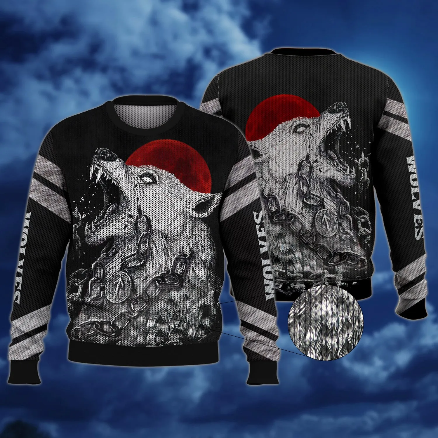 Fenrir Viking Nordic Tribe Wolf And Moon Tattoos 3D Print Shirts Round Neck Men Women