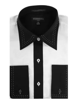 Ferrecci Men's Satine Hi-1003 White Black Flower Button Down Dress Shirt