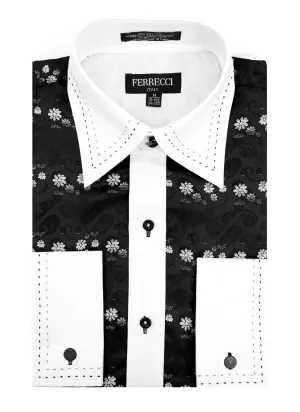 Ferrecci Men's Satine Hi-1018 Black & White Flower Button Down Dress Shirt